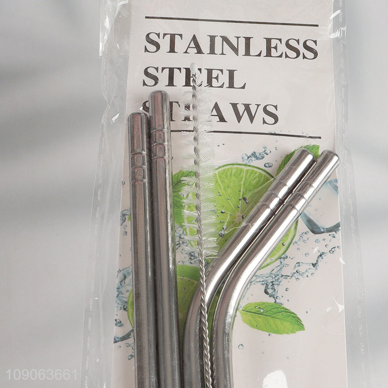 Factory Price 4 Pack Stainless Steel Straws 2 Straight + 2 Bent with 1 Straw Brush