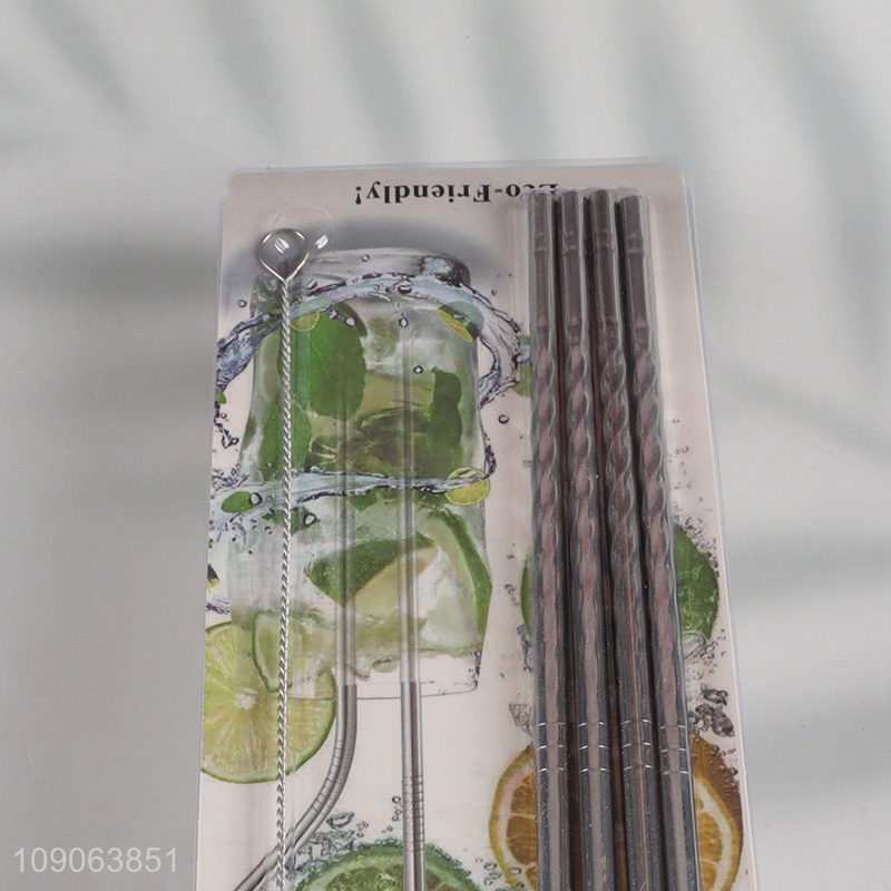 Factory Supply 4 Pack Stainless Steel Straws 2 Straight + 2 Bent with 1 Straw Brush