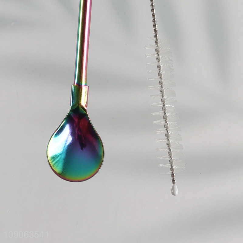 New Product 6 Pack Stainless Steel Spoon Straws with 1 Straw Cleaner Brush