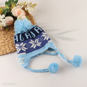 Good Quality Winter Earflap Hat Fleece Line Fuzzy Pompom Knit Hat for Kids