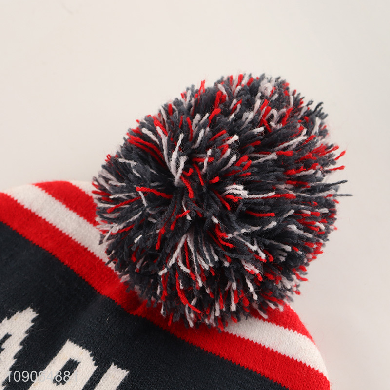 Online Wholesale Unisex Letter Jacquard Knitted Cuffed Beanie Hat with Pompom