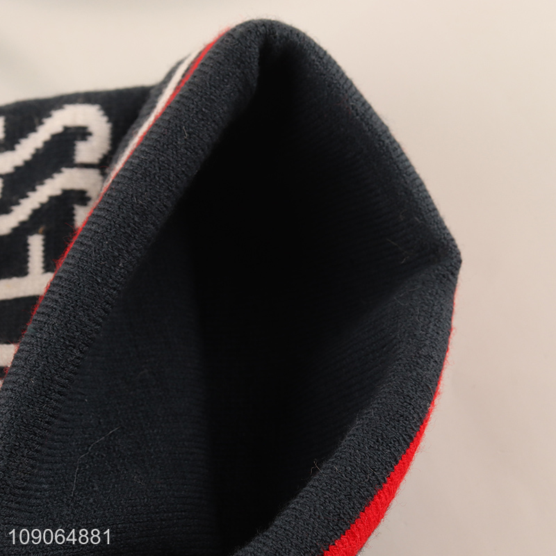 Online Wholesale Unisex Letter Jacquard Knitted Cuffed Beanie Hat with Pompom
