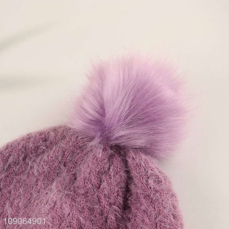 High Quality Women'S Beanie Hat Fluffy Knitted Beanie Cap with Pompom