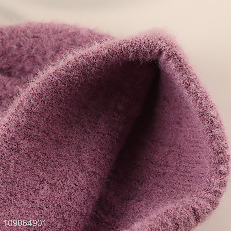 High Quality Women'S Beanie Hat Fluffy Knitted Beanie Cap with Pompom