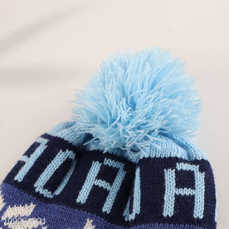 Good Quality Winter Earflap Hat Fleece Line Fuzzy Pompom Knit Hat for Kids