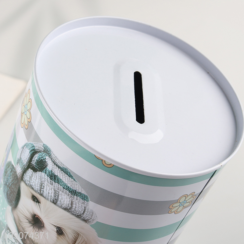 Good selling puppy printed tinplate money box coin bank