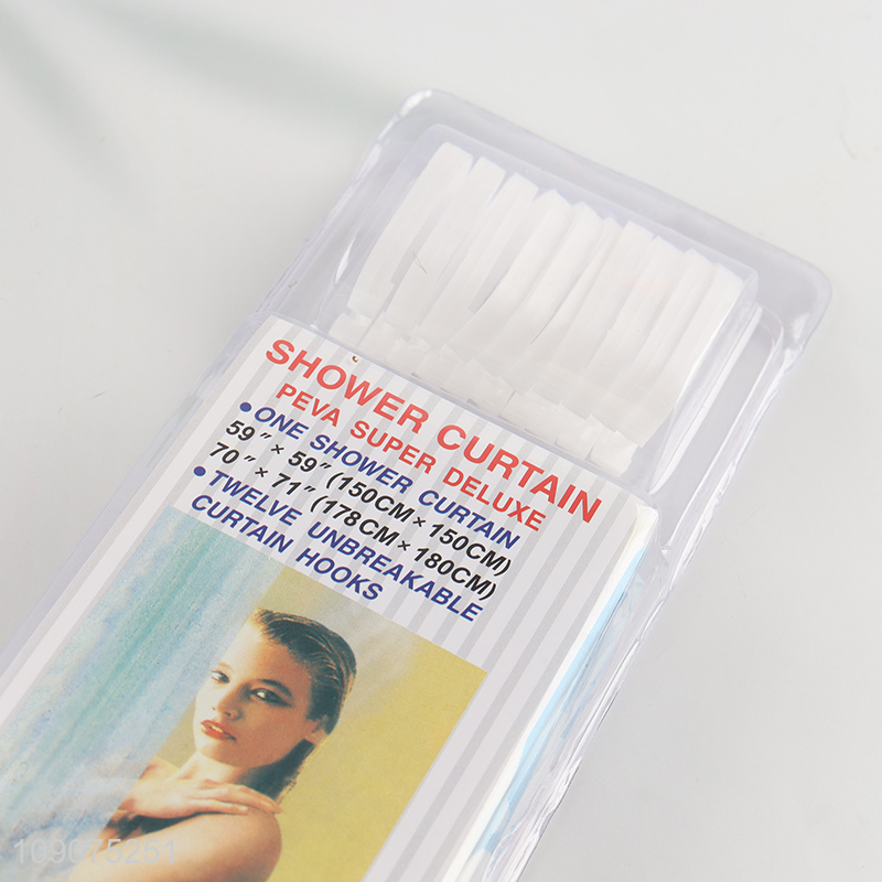 China factory PEVA waterproof bathroom shower curtain with hooks