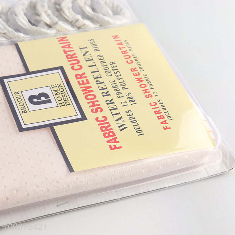 Latest products waterproof polyester fabric shower curtain with 12 fabric couered rings