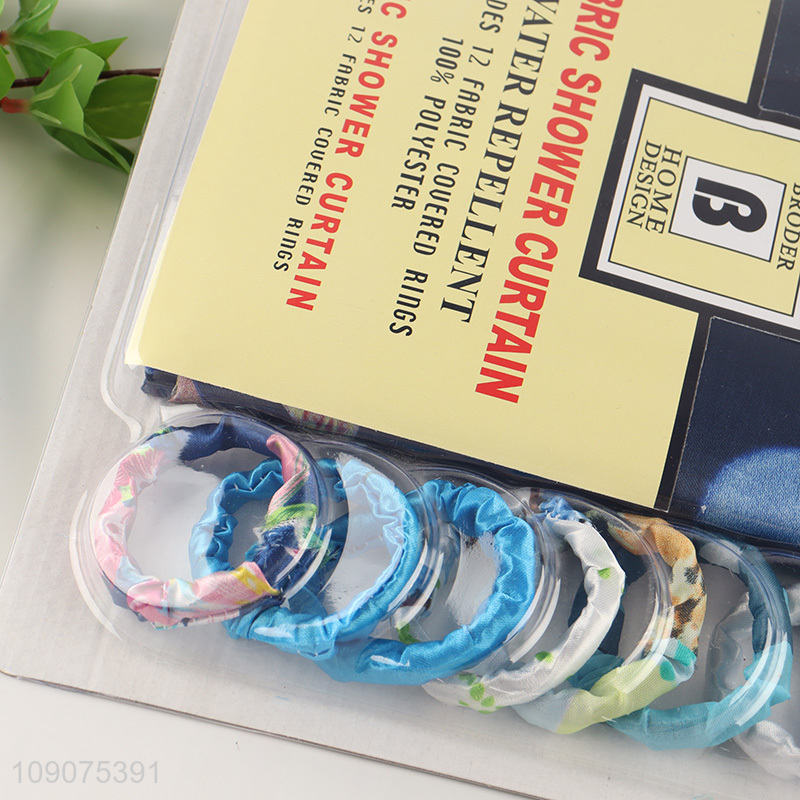 Top sale bathroom accessories waterproof fabric shower curtain with 12 fabric couered rings