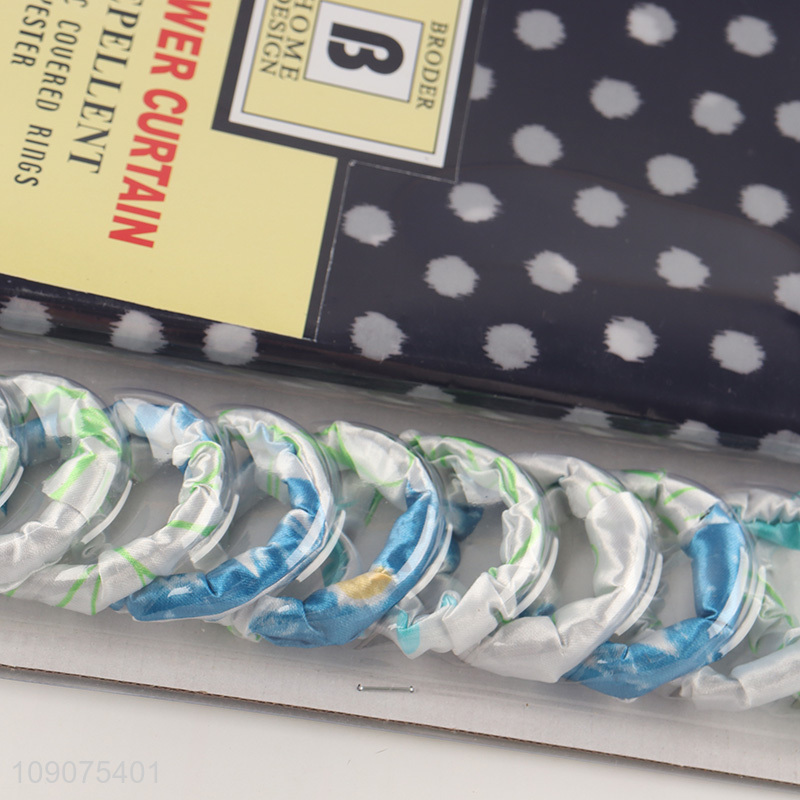 Yiwu market waterproof polyester fabric shower curtain with 12 fabric couered rings