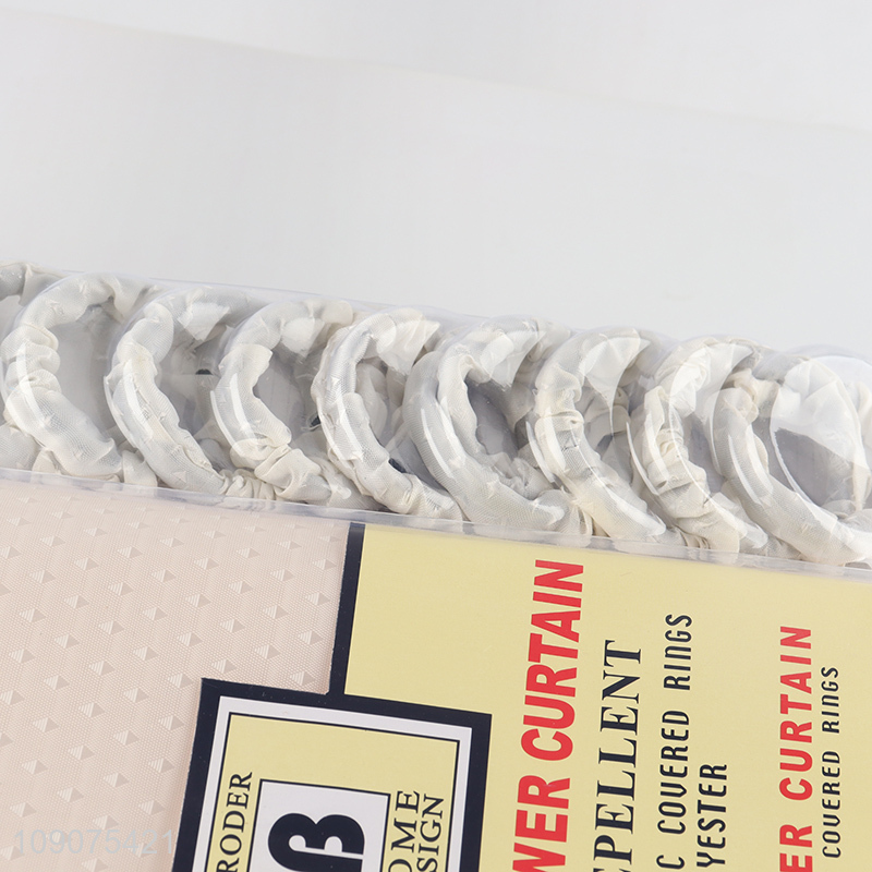 Latest products waterproof polyester fabric shower curtain with 12 fabric couered rings