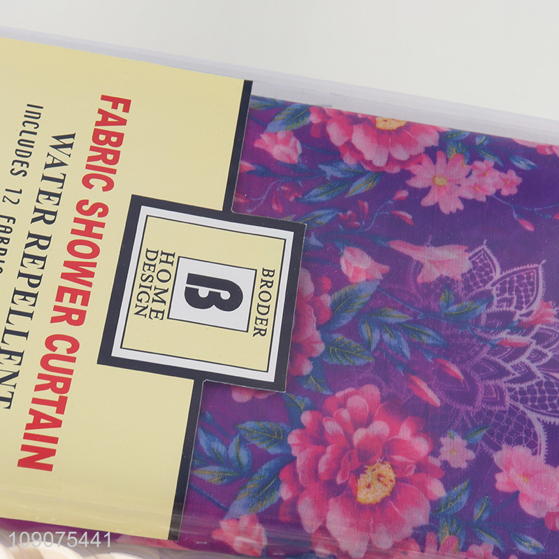 Good quality waterproof fabric shower curtain with 12 fabric couered rings