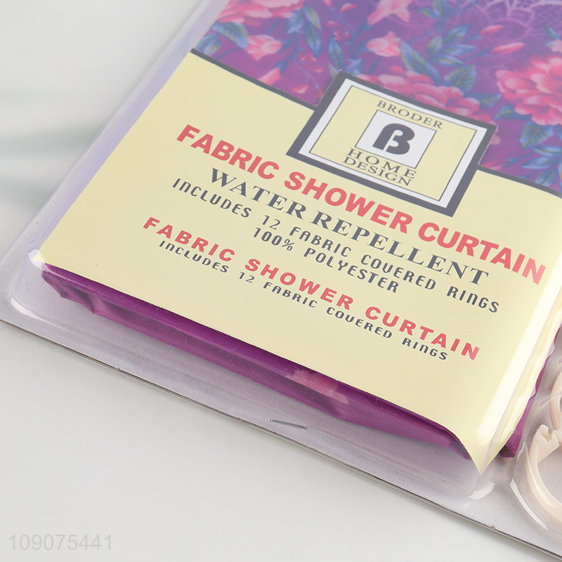 Good quality waterproof fabric shower curtain with 12 fabric couered rings