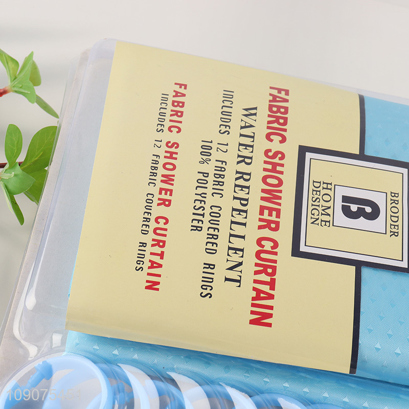 Best sale bathroom accessories polyester shower curtain with 12 fabric couered rings