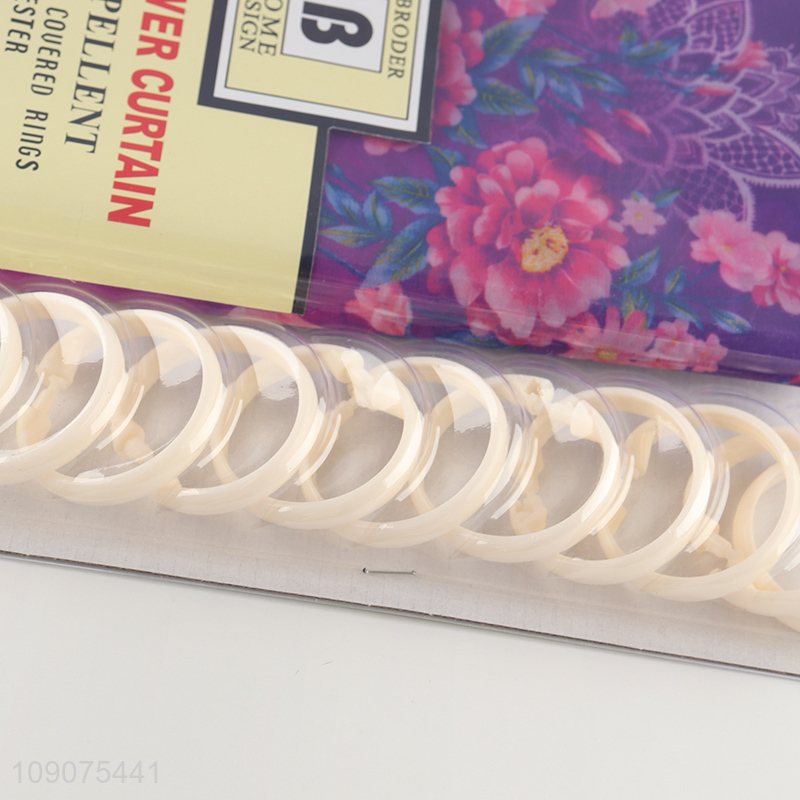 Good quality waterproof fabric shower curtain with 12 fabric couered rings