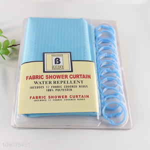 Best sale bathroom accessories polyester <em>shower</em> <em>curtain</em> with 12 <em>fabric</em> couered rings