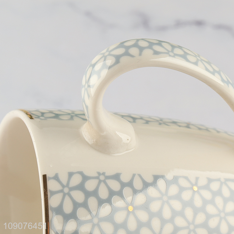 Factory price flower printed ceramic water cup drinking cup with handle