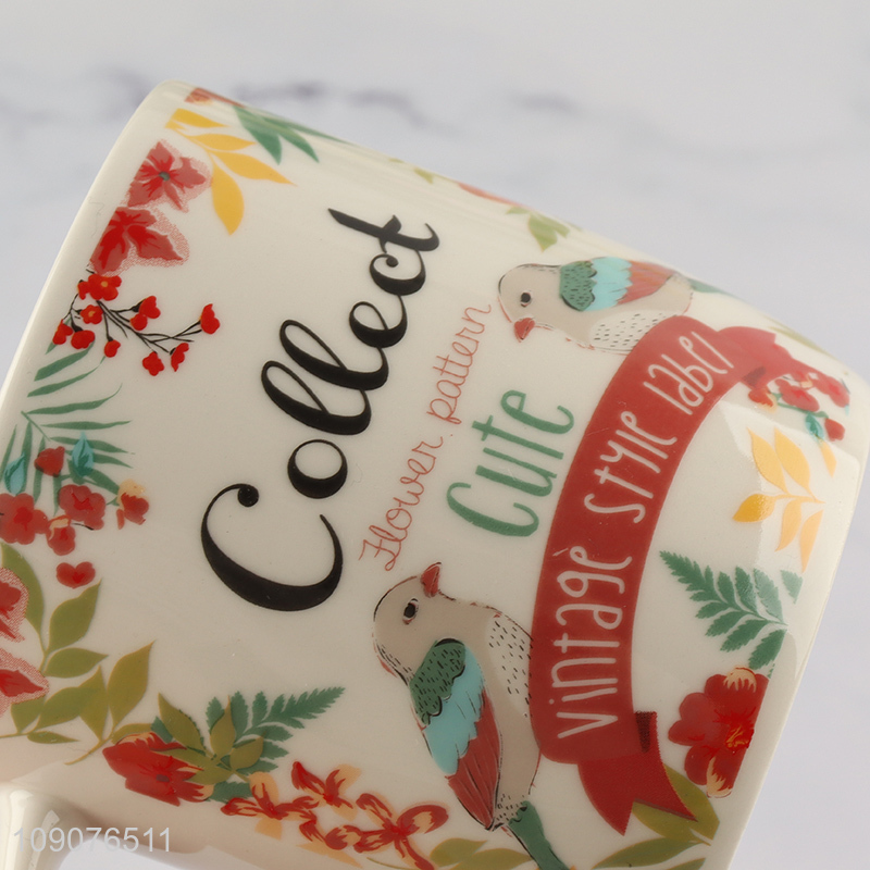 Top quality flower printed coffee cup ceramic water cup with handle