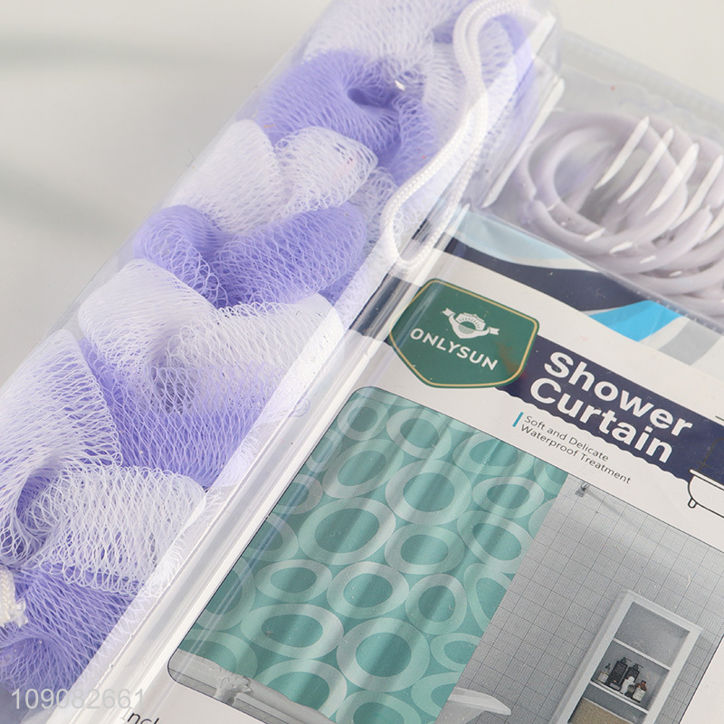 Low price bathroom accessories PE shower curtain with bath scrubber