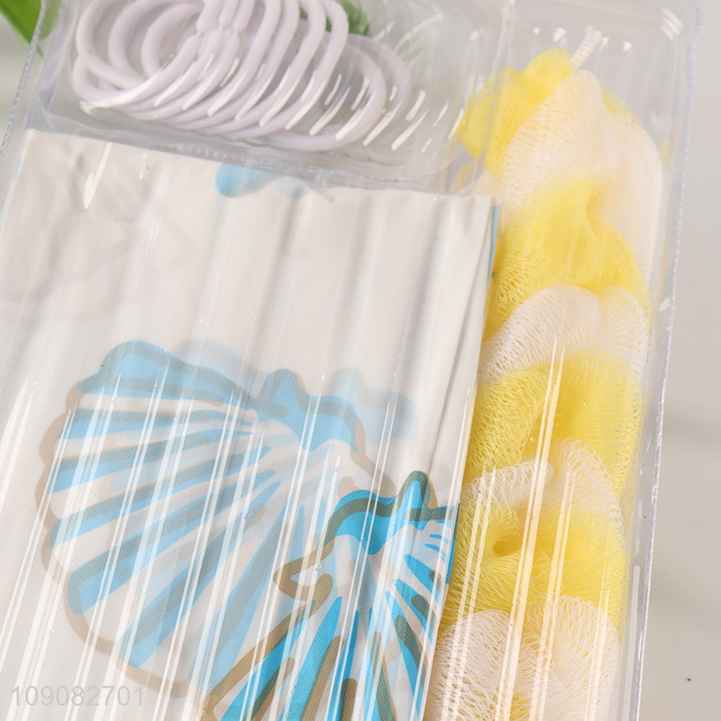 Best price waterproof PE shower curtain with bath scrubber