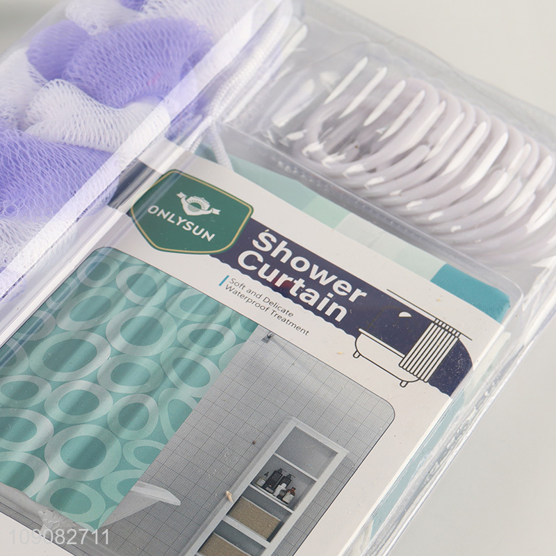 Good quality bathroom accessories waterproof PE shower curtain with bath scrubber