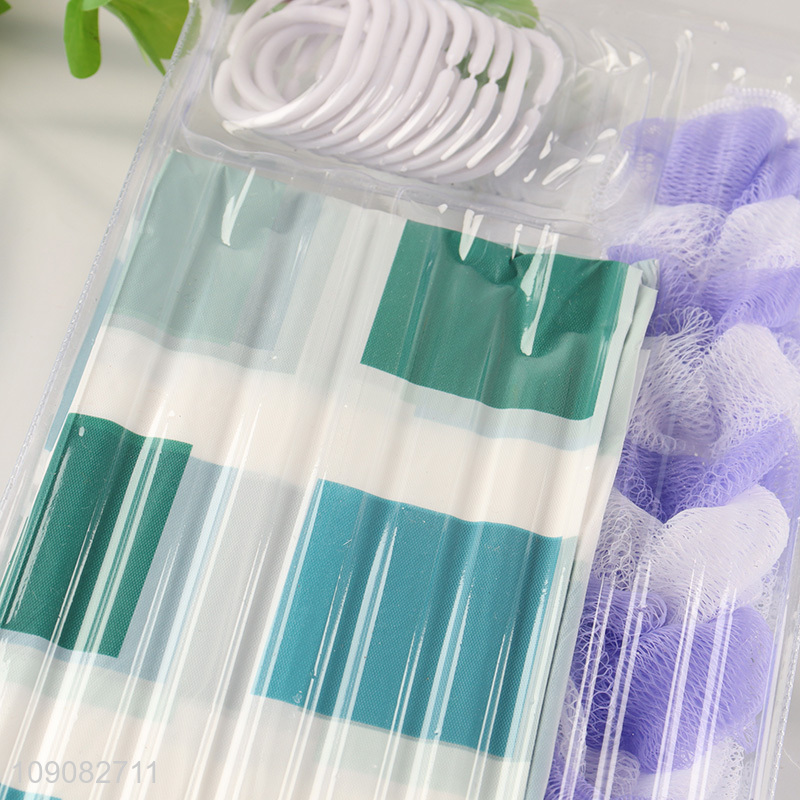 Good quality bathroom accessories waterproof PE shower curtain with bath scrubber