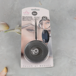 Factory direct sale portable travel makeup mirror pocket mirror with tweezers set