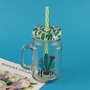 New Arrival Cactus Mason Jar Glass Cup With Lid and Straw