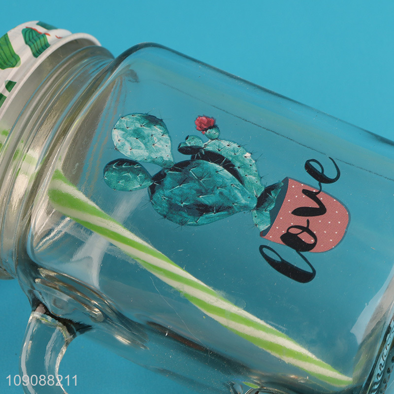 China Imports Cactus Mason Jar Glass Cup With Lid and Straw