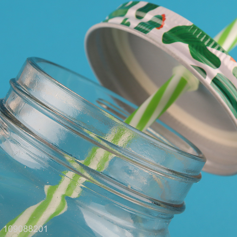 Good Quality Cactus Mason Jar Glass Cup With Lid and Straw