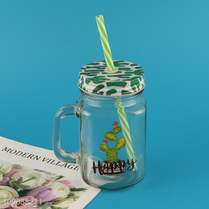 Factory Supply Cactus Mason Jar Glass Cup With Lid and Straw