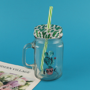 China Imports Cactus Mason Jar Glass Cup With Lid and Straw