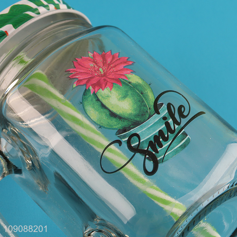 Good Quality Cactus Mason Jar Glass Cup With Lid and Straw