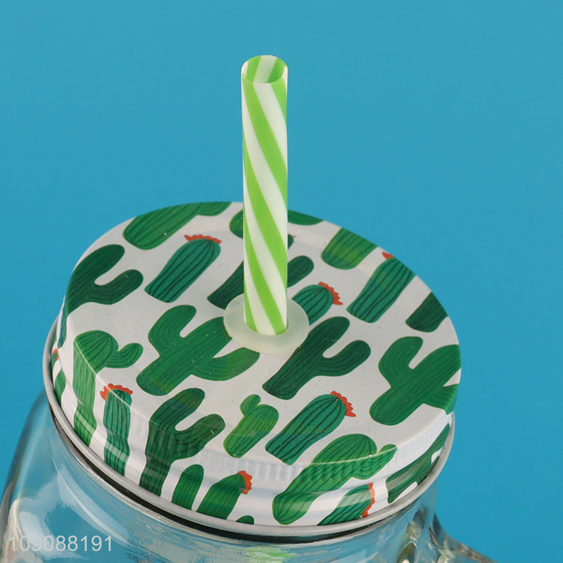 New Arrival Cactus Mason Jar Glass Cup With Lid and Straw