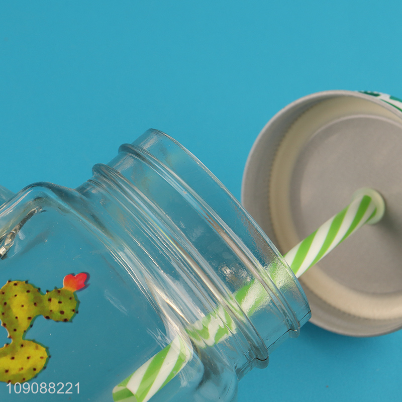 Factory Supply Cactus Mason Jar Glass Cup With Lid and Straw