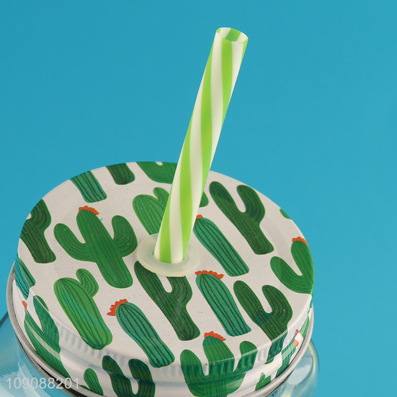 Good Quality Cactus Mason Jar Glass Cup With Lid and Straw