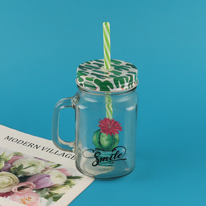 Good Quality Cactus Mason Jar Glass Cup With Lid and Straw