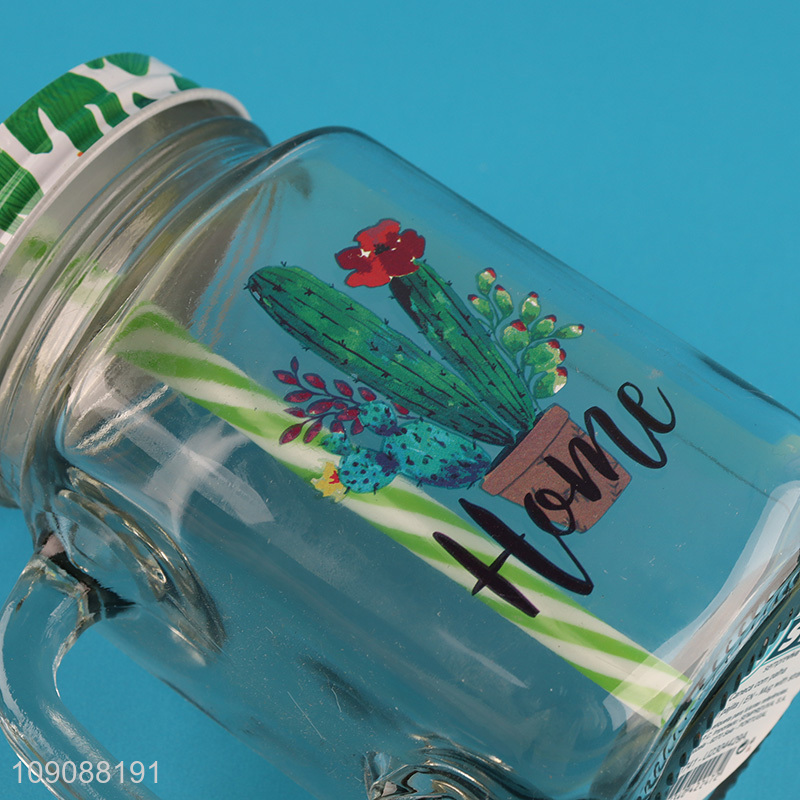 New Arrival Cactus Mason Jar Glass Cup With Lid and Straw