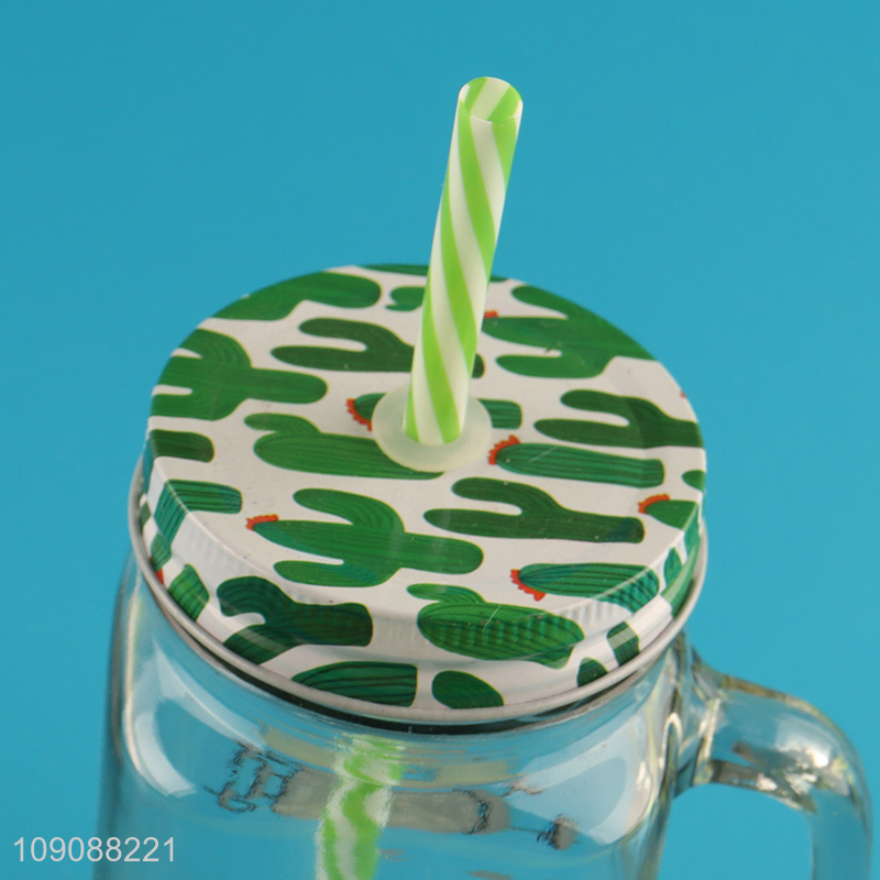 Factory Supply Cactus Mason Jar Glass Cup With Lid and Straw