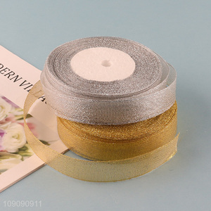 New Product 2cm*25 Yards Gold Silver Polyester Ribbon for Gift Wrapping Diy Crafts