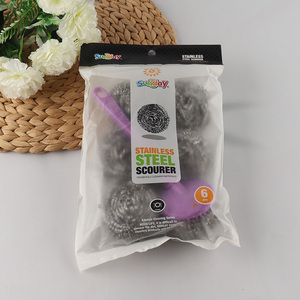 Online Wholesale 6 Pack Steel Wool Srubbers with Long Handle for Kitchen Cleaning