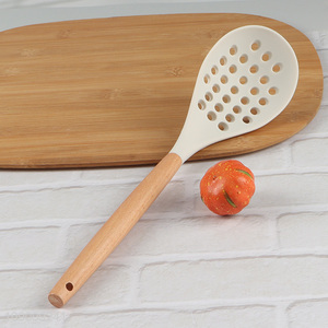 Hot items silicone kitchen utensil slotted ladle with wooden handle