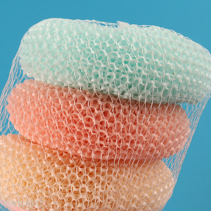 Factory Price 3 Pieces Plastic Mesh Scourers Dish Scrubbers with Handle