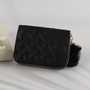 High Quality Womens Wallet PU Leather Zipper Wallet With Fur Ball