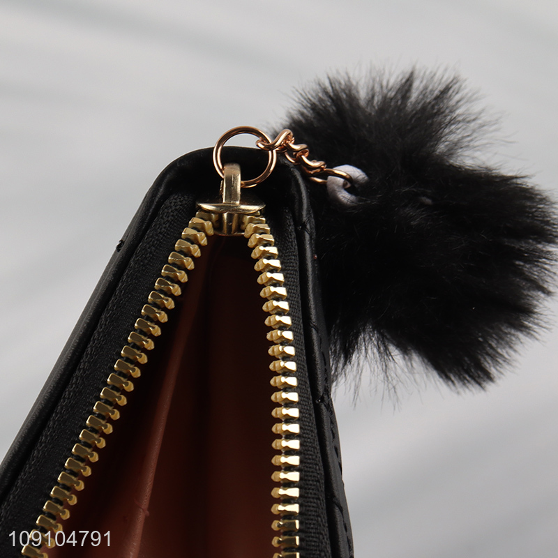 High Quality Womens Wallet PU Leather Zipper Wallet With Fur Ball