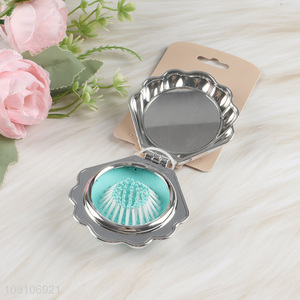 China factory shell shape folding hair comb hair brush with makeup mirror