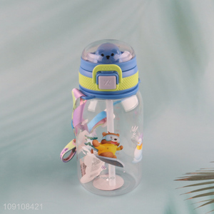 High Quality Cute Kids Water Bottle with Silicone Straw & Shoulder Strap