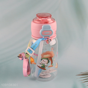 Factory Supply Plastic Kids Water Bottle with Silicone Straw & Strap