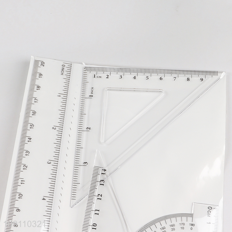 High Quality 4 Pieces Geometry Plastic Ruler Set Math Measuring Tools