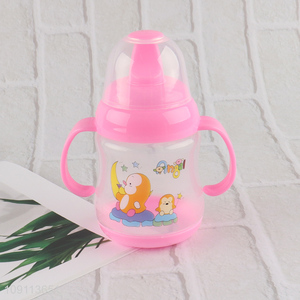 Hot products cartoon plastic baby feeding bottle with handle